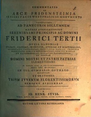 Commentatio de arce Fridensteinia, insigni pacis westphalicae monumento