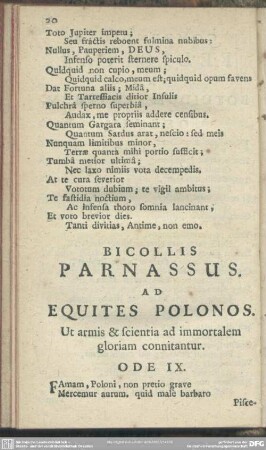 Bicollis Parnassus. Ad Equites Polonos. Ut armis & scientia ad immortalem gloriam connitantur. Ode IX.