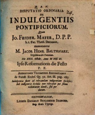 Disp. ... de indulgentiis pontificiorum
