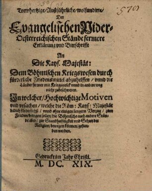 Trewherzige Erklärung an die Kays. Majestät dem Böhmischen Kriegswesen abzuhelfen