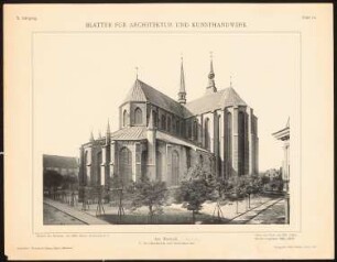 Marienkirche, Rostock: Ansicht von Nordosten (aus: Blätter für Architektur und Kunsthandwerk, 10. Jg., 1897, Tafel 84)