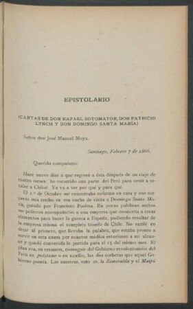 Epistolario : (Cartas de Don Rafael Sotomayor, Don Patricio Lynch y Don Domingo Santa María)