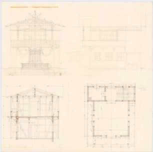 Pavillon am Wasser: Grundriss, Aufriss Vorderansicht, Seitenansicht, Querschnitt