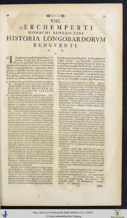 VIII. Erchemperti Monachi Benedictini Historia Lonogbardorum Beneventi.