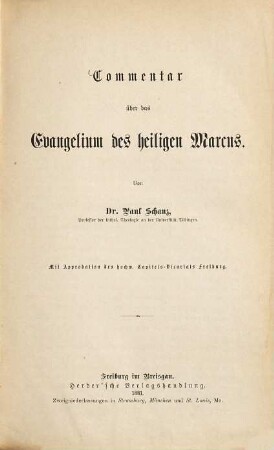 Commentar über das Evangelium des heiligen Marcus