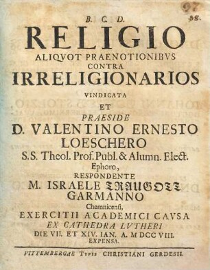 Religio aliquot praenotionibus contra irreligionarios vindicata