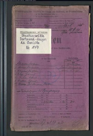 Angeklagter: Schneider, Wilhelm; Angeklagter: Brinkmann, Walter; Angeklagter: Walter, Alfred; Angeklagter: Fischer, Alfred; Angeklagter: Weigand, Wilhelm; Angeklagter: Möller, Wilhelm; Angeklagter: Drees, Heinrich; Angeklagter: Likuski, Wilhelm; Angeklagter: Braune, Wilhelm: Aufruhr, Zugehörigkeit zur "Roten Armee", Verbrechen gegen das Sprengstoffgesetz (Beschlagnahmung von Sprengstoffen u.a. in der Zeche "Glückauf-Sagen"), unerlaubter Waffenbesitz, Nötigung