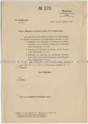 Drucksache des Reichstages Nr. 272 der VII. Wahlperiode mit Bekanntgabe zu Verordnungen nach Artikel 48 der Reichsverfassung durch den Reichskanzler Kurt von Schleicher