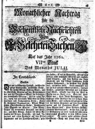 Monathlicher Nachtrag [...] Auf das Jahr 1762. VIItes Stuck Des Monaths Julii