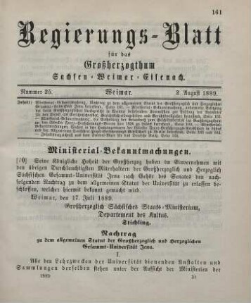 70. Ministerial-Bekanntmachung, Nachtrag zu dem allgemeinen Statut der Großherzoglichen und Herzoglichen Gesammt-Universität Jena betreffend