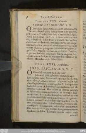 Epist. XXXI. Mediolani. Ioan. Bapt. Sacco, V. C.