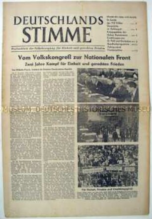 Wochenzeitung der "Volksbewegung für Einheit und gerechten Frieden" mit einem Leitartikel von Wilhelm Pieck über die Nationale Front