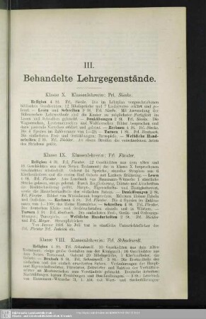 III. Behandelte Lehrgegenstände