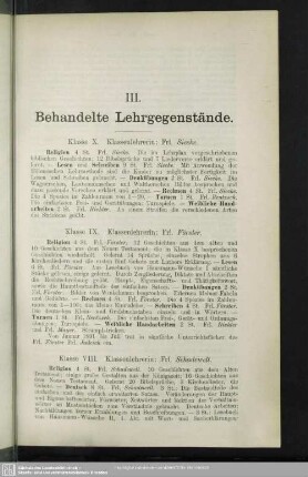III. Behandelte Lehrgegenstände