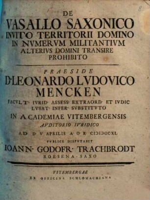 De vasallo saxonico invito territorii domino in nvmervm militantivm alterivs domini transire prohibito