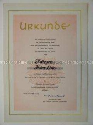 Urkunde zur "Medaille für treue Dienste in den bewaffneten Organen des MdI"