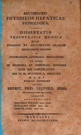 Adumbratio phthiseos hepaticae pathologia : diss. inaug. med.