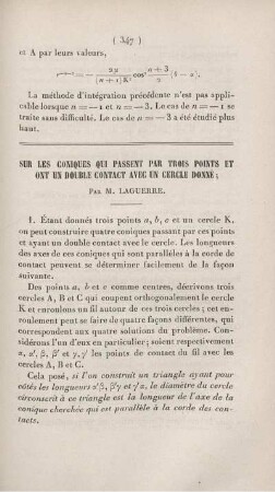 Sur les coniques qui passent par trois points et ont un double contact avec un cercle donné.