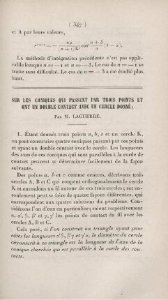 Sur les coniques qui passent par trois points et ont un double contact avec un cercle donné.