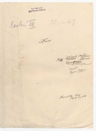 Umschlag mit der Aufschrift von Humboldts Hand 'Luftmeer; Höchste Luftschichten; Wärmeabnahme' nebst weiterer Notizen.