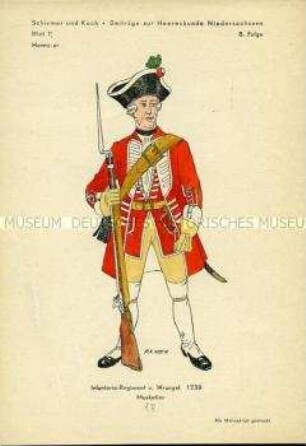 Uniformdarstellung, Musketier der Infanterie, Kurfürstentum Hannover, 1739.