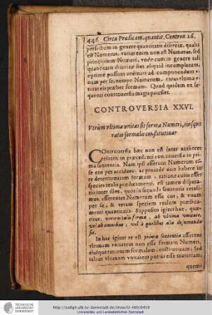 CONTROVERSIA XXVI. Vtrùm vltima vnitas sit forma Numeri, eiusque ratio formalis constitutiua?