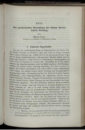 XVIII. Zur synthetischen Behandlung der ebenen Curven dritter Ordnung.