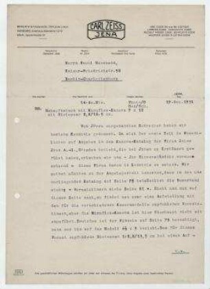 Brief von Carl Zeiss / Abt. für Photographie an Raoul Hausmann. Jena