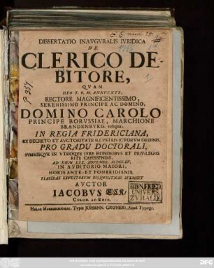 Dissertatio Inavgvralis Ivridica De Clerico Debitore