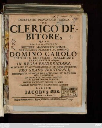 Dissertatio Inavgvralis Ivridica De Clerico Debitore