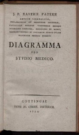 J. P. Xaverii Fauken Artium Liberalium, Phylosophiae Et Medicinae Doctoris ... Diagramma Pro Studio Medico.