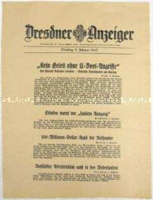 Nachrichtenblatt "Dresdner Anzeiger" u.a. zum Unterseebootkrieg