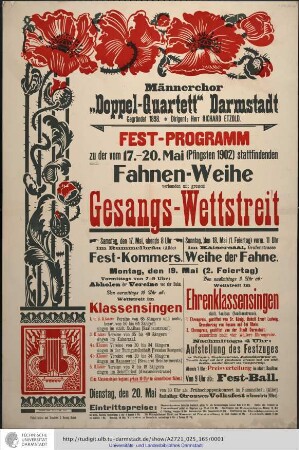 Männerchor "Doppel-Quartett" Darmstadt... Fest-Programm zu der vom 17.bis 20.Mai (Pfingsten 1902)stattfindenden Fahnen-Weihe verbunden mit grossem Gesangs-Wettstreit...
