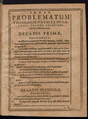 Index Problematum Theologicorum Ex Decalogo, Tribus Decadibus comprehensorum.