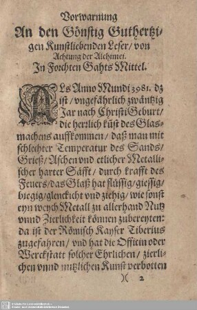 An den Gönstig Guthertzigen Kunstliebenden Leser/ vo Achtung der Alchimei.