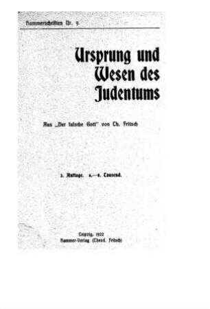 Ursprung und Wesen des Judentums / Th. Fritsch