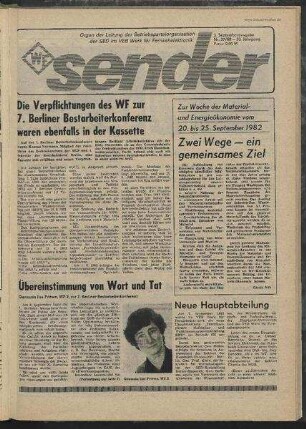 Betriebszeitung 'WF-Sender', Nr.37/1982 (3. Septemberausgabe 1982)