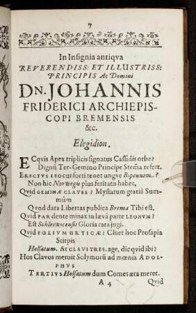 In Insignia antiqua ... Dn. Johannis Friderici Archiepiscopi Bemensis