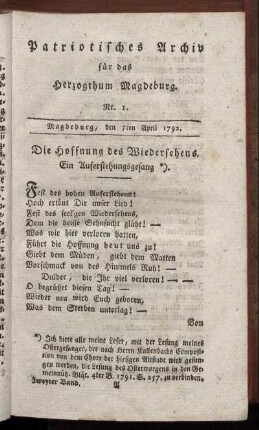 Nr. 1. Magdeburg, den 7ten April 1792
