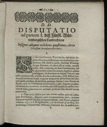 Disputatio ad partem I. deß Fürstl. Würtembergischen Landrechtens Insignes aliquot exhibens quæstiones, circa Processum Forensem occurrentes.