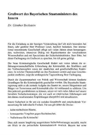 Grußwort des Bayerischen Staatsministers des Inneren