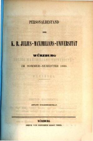 Personalbestand der Königlich-Bayerischen Julius-Maximilians-Universität Würzburg. 1860. SS.