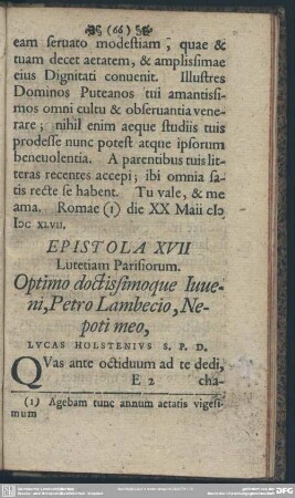 Epistola XVII Lutetiam Parisiorum. Optimo doctissimoque Iuveni, Petro Lambecio, Nepoti meo, Lucas Holstenius S. P. D.