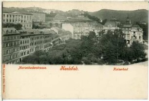 Karlsbad. Marienbader Straße mit Kaiserbad (1895) : Karlsbad. Marienbader Straße mit Kaiserbad (Bad I, 1893-1895; F. Fellner, H. Helmer) am Park Karl IV.
