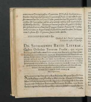 Dn. Sigismundi Regis Litarae, Quibus Ordinibus Terrarum Prussiae, qui vigore Privilegii ...