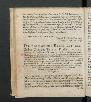 Dn. Sigismundi Regis Litarae, Quibus Ordinibus Terrarum Prussiae, qui vigore Privilegii ...