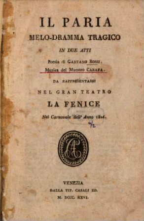 Il paria : Melo-dramma tragico in 2 atti