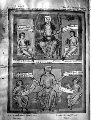 Petrus Comestor, Historia Scholastica — Zwei halbseitige Miniaturen von Freien Künsten, Folio 3verso