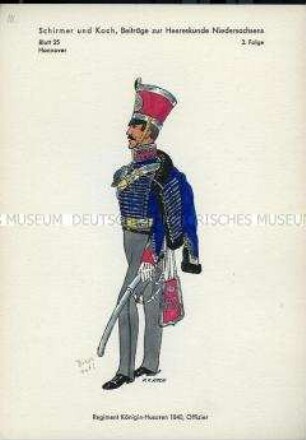 Uniformdarstellung, Offizier des Husaren-Regiments "Königin", Königreich Hannover, 1840.
