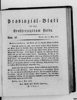 Num. 36., Ausgabe vom 10. Mai 1816